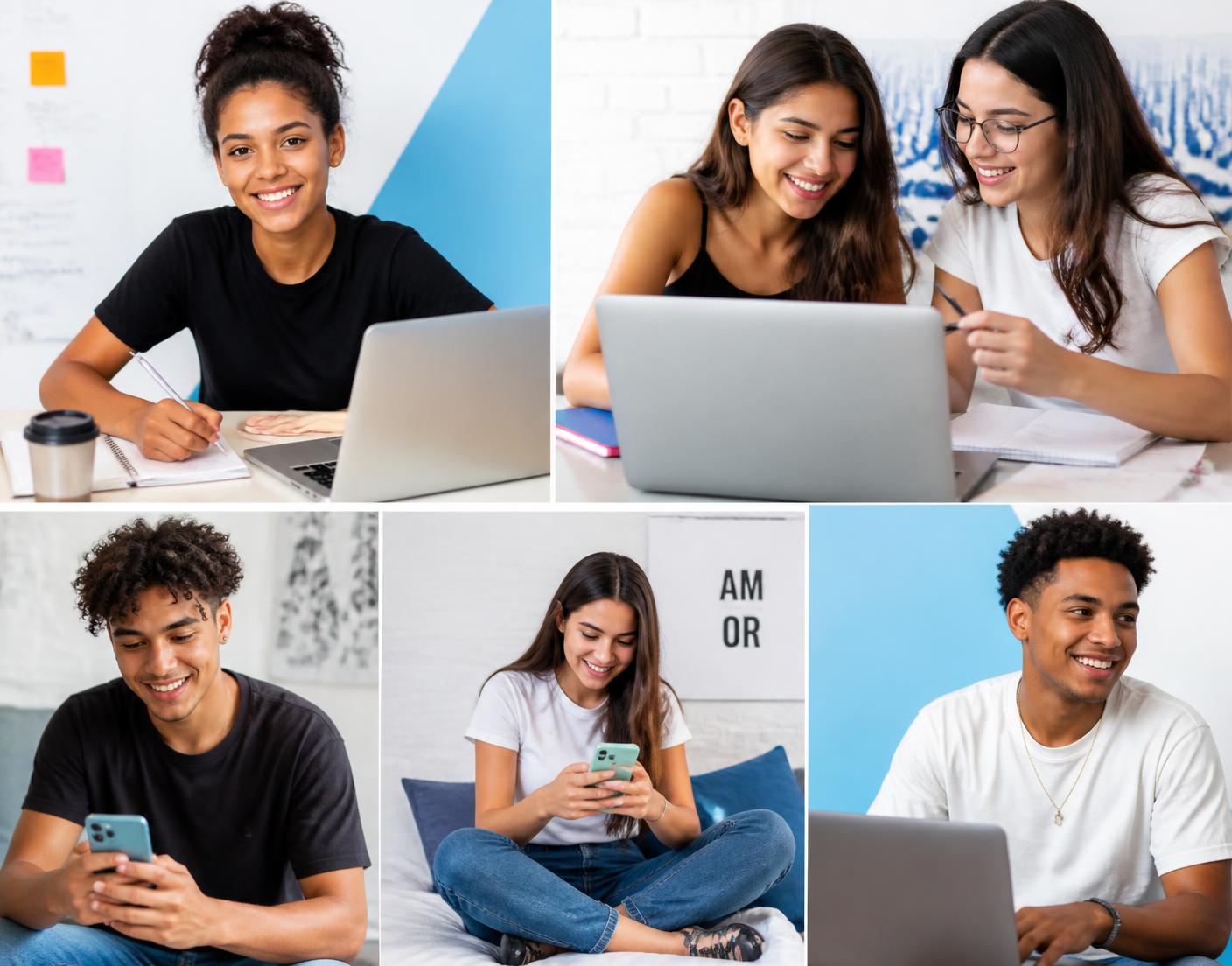Jovens estudando com notebook e celular, se preparando para o primeiro emprego